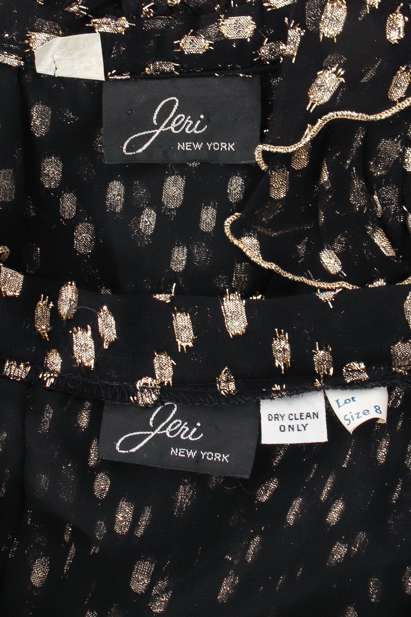 Vintage Jeri NY Gold Lamé Spotted Ruffle Skirt Set labels at Recess Los Angeles