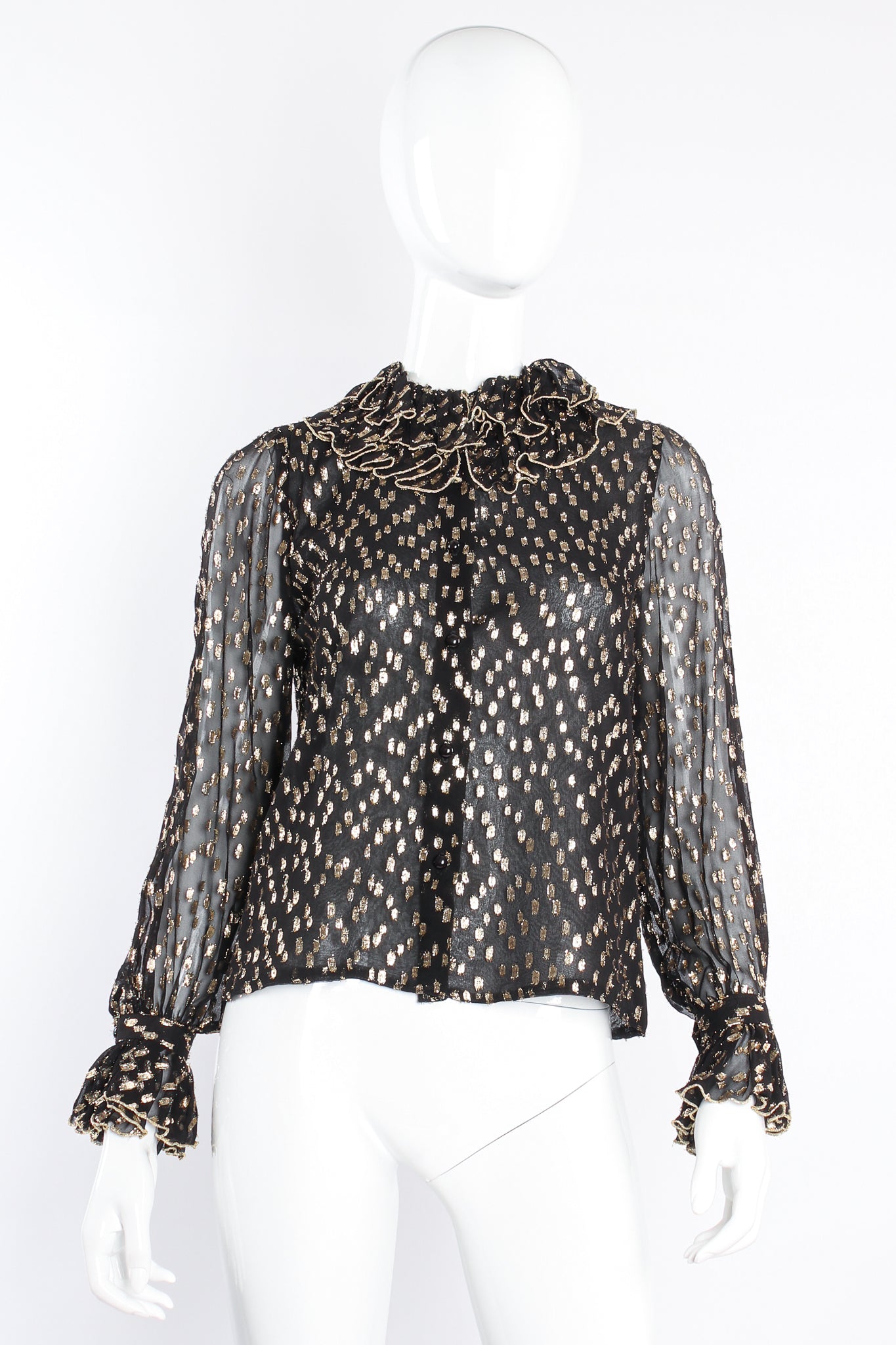 Vintage Jeri NY Gold Lamé Spotted Ruffle Blouse Set on mannequin front at Recess Los Angeles