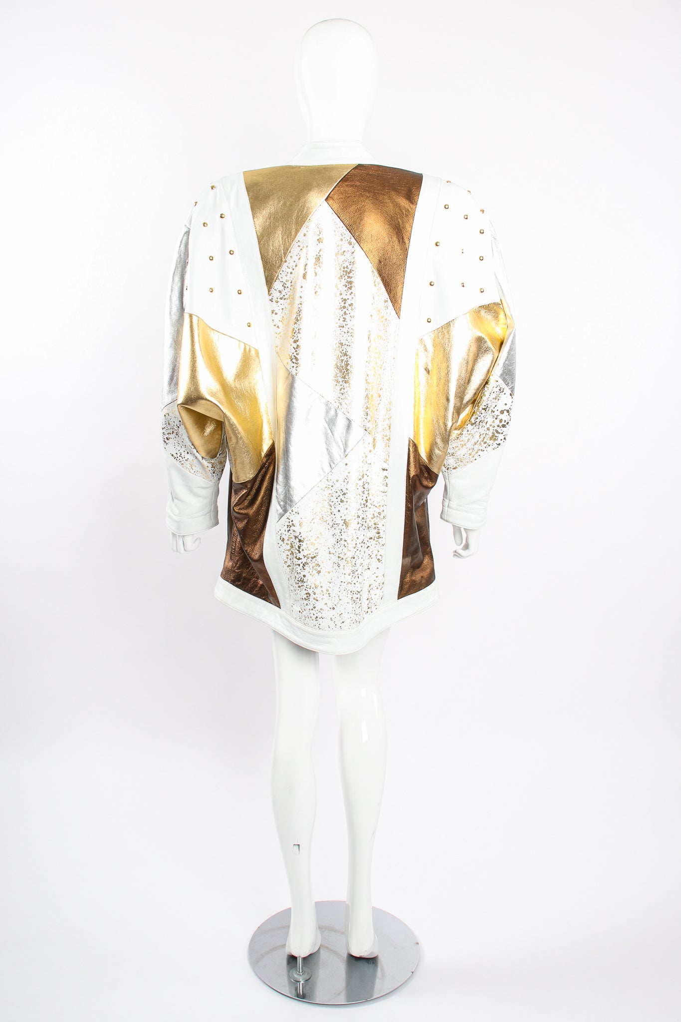 Vintage Jerusalem Leather Gold Leather Lamé Open Jacket on Mannequin back at Recess Los Angeles