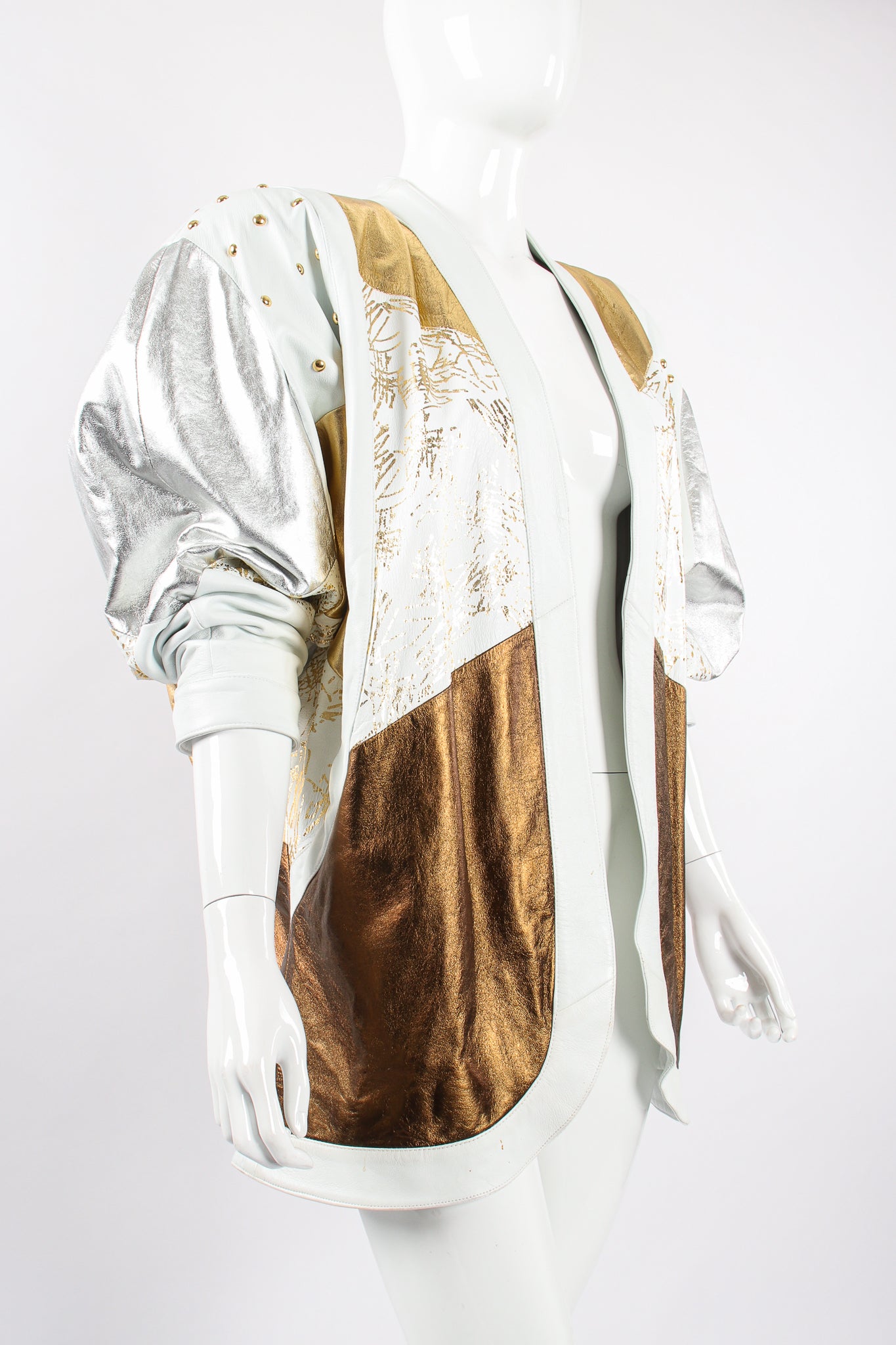 Vintage Jerusalem Leather Gold Leather Lamé Open Jacket on Mannequin angle at Recess Los Angeles