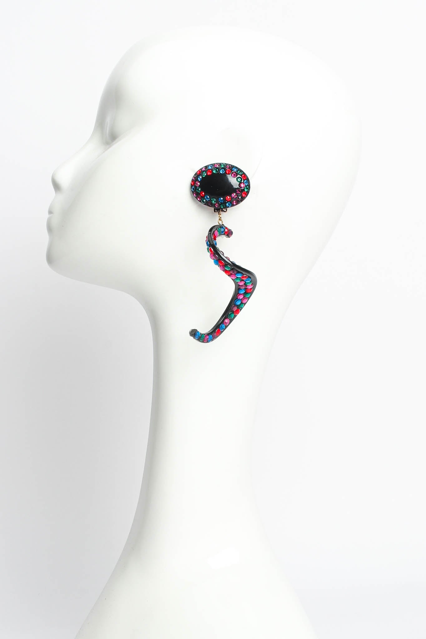 Vintage Jewellians Swirl Colored Rhinestone Drop Earrings on mannequin @ Recess LA