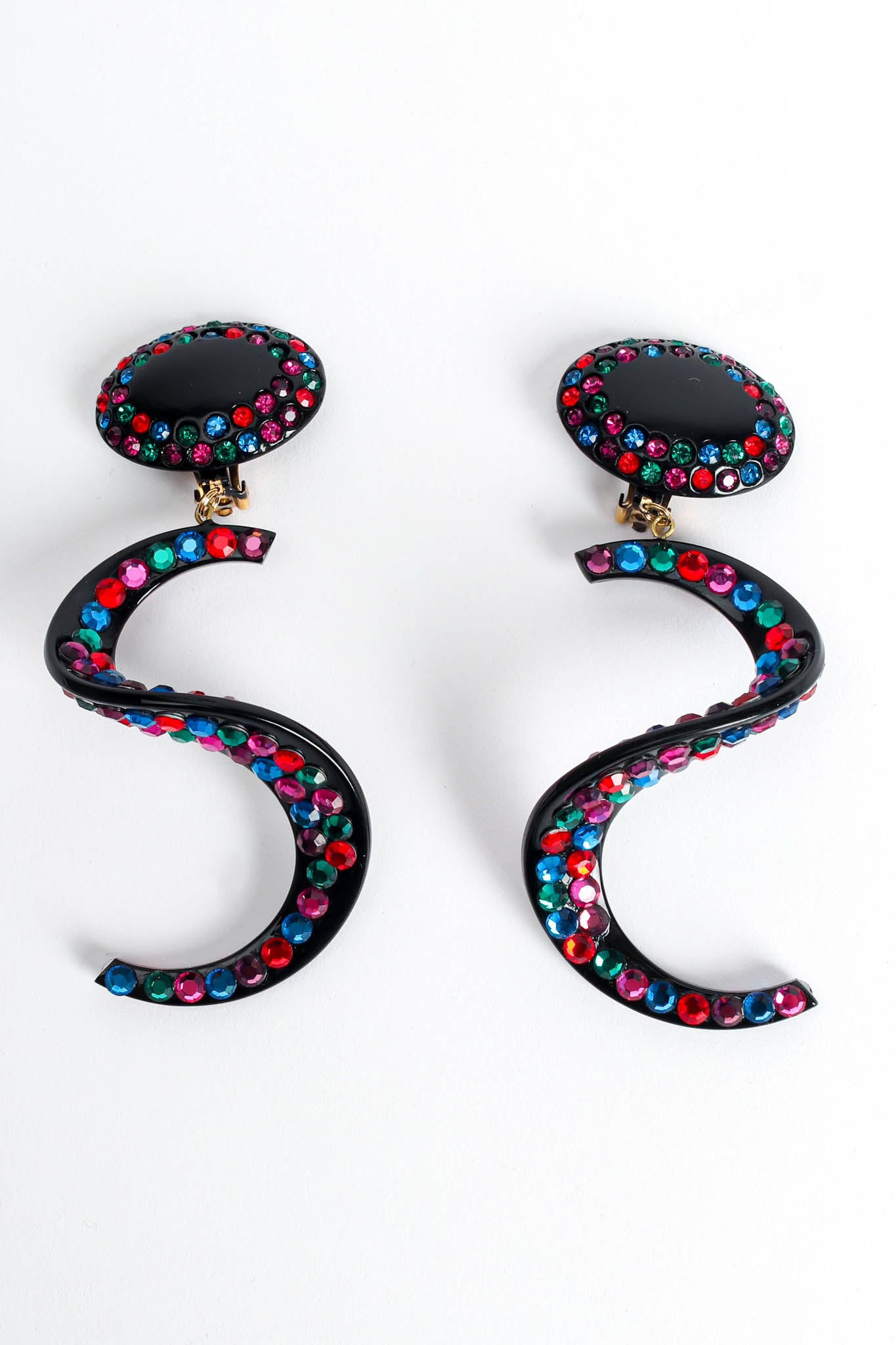 Vintage Jewellians Swirl Colored Rhinestone Drop Earrings front flat @ Recess LA