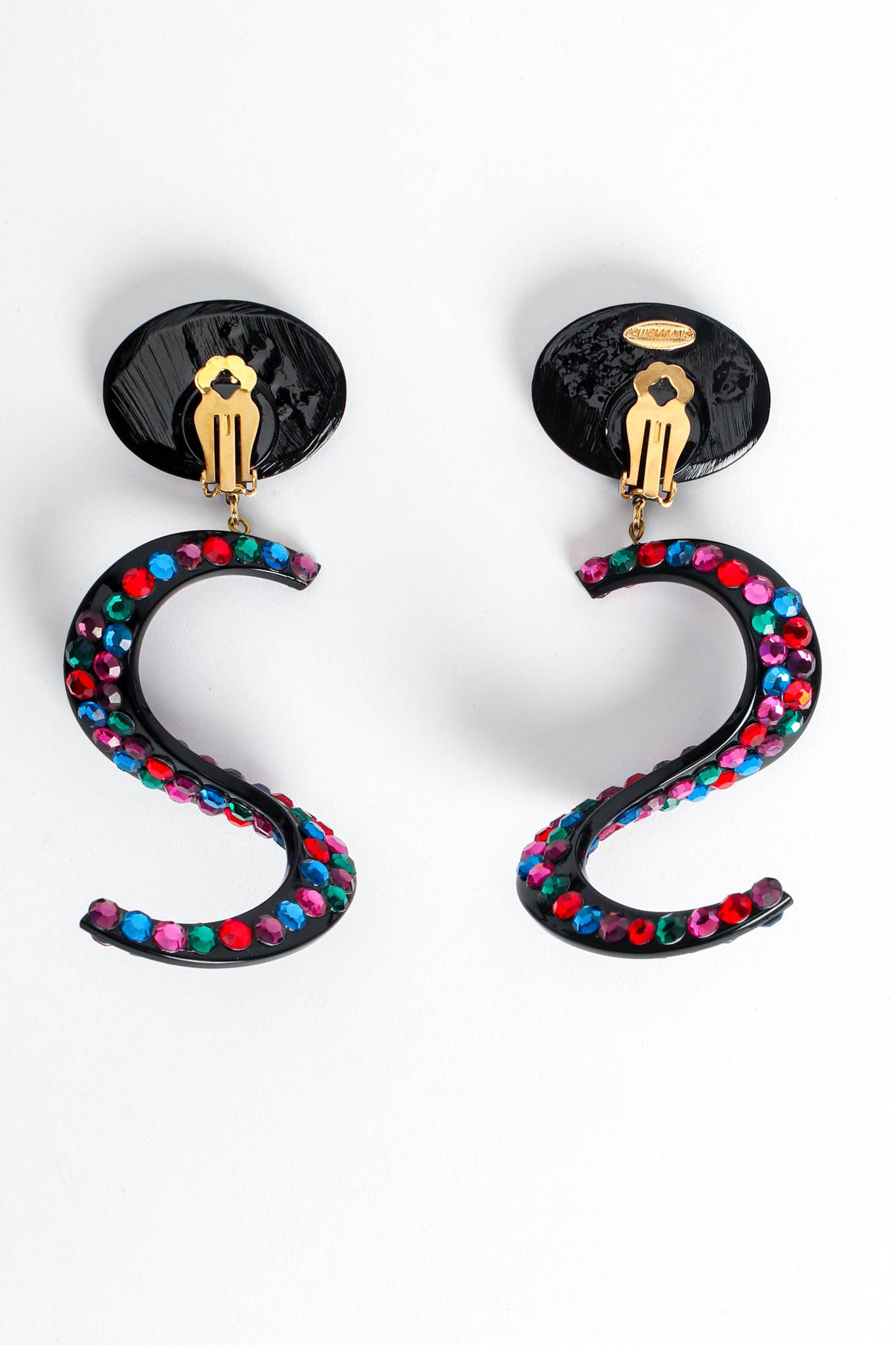 Vintage Jewellians Swirl Colored Rhinestone Drop Earrings back flat @ Recess LA