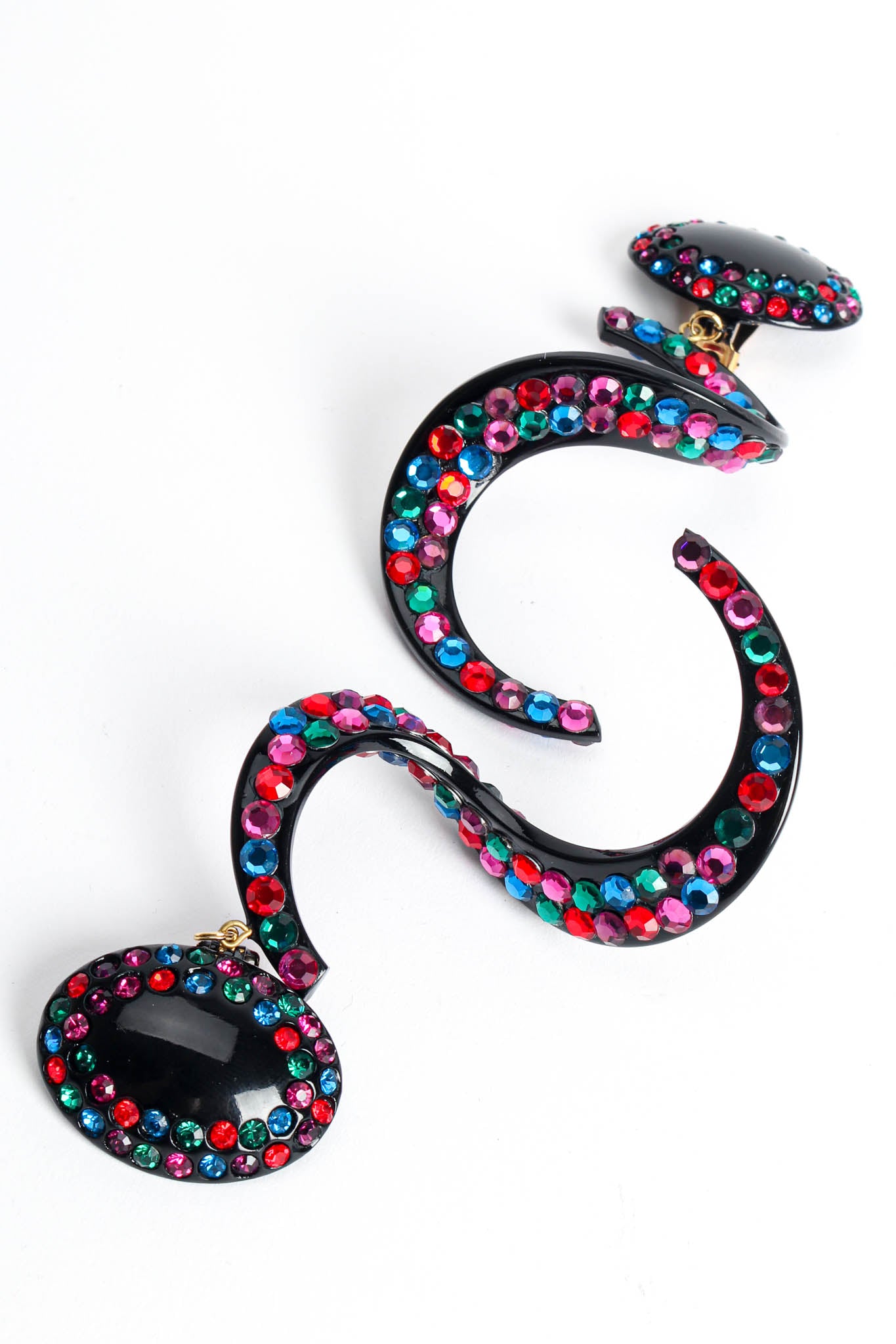 Vintage Jewellians Swirl Colored Rhinestone Drop Earrings diagonal flat @ Recess LA