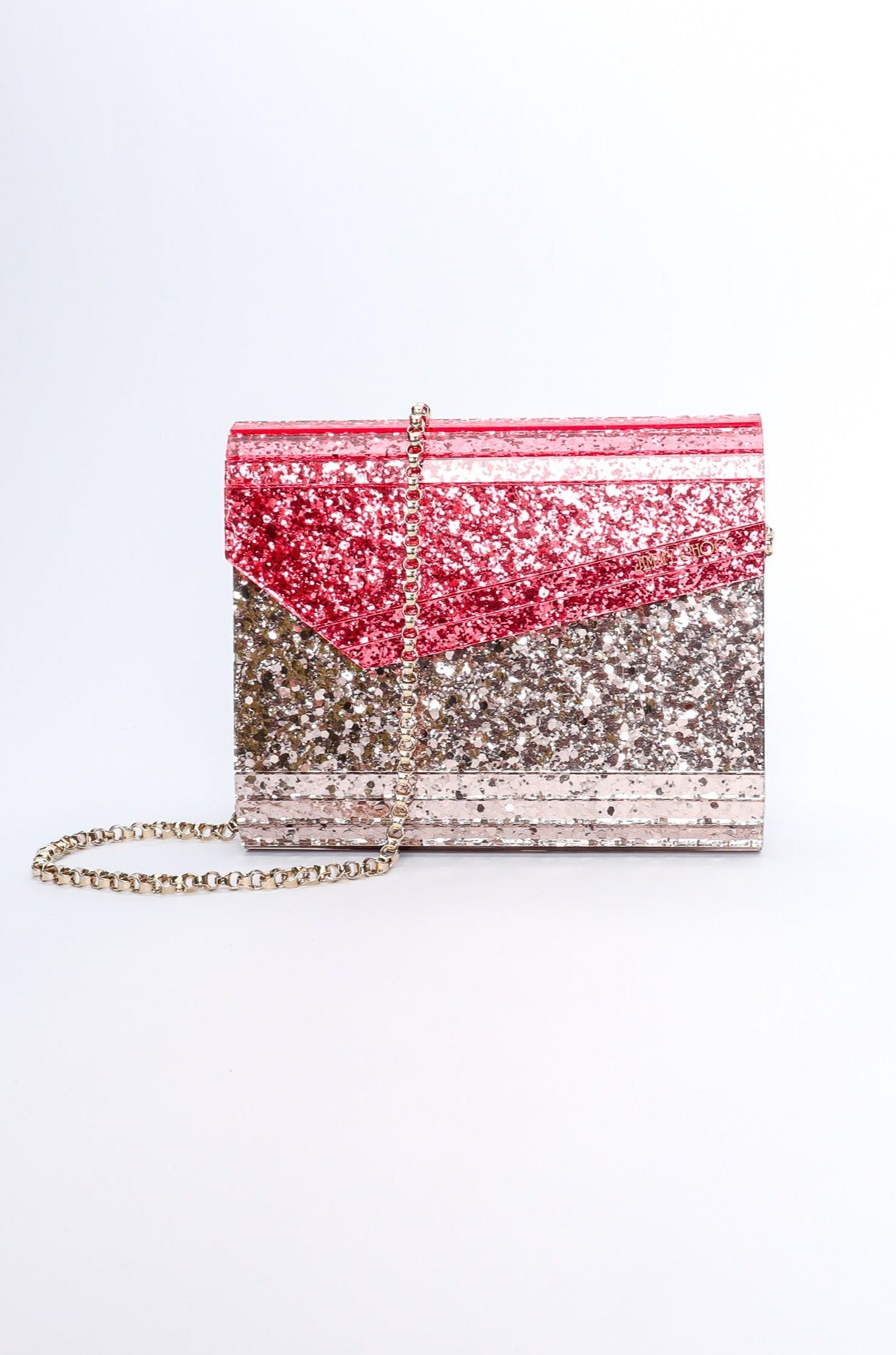 Jimmy Choo Two-Tone Acrylic Glitter Clutch Bag front at Recess Los Angeles