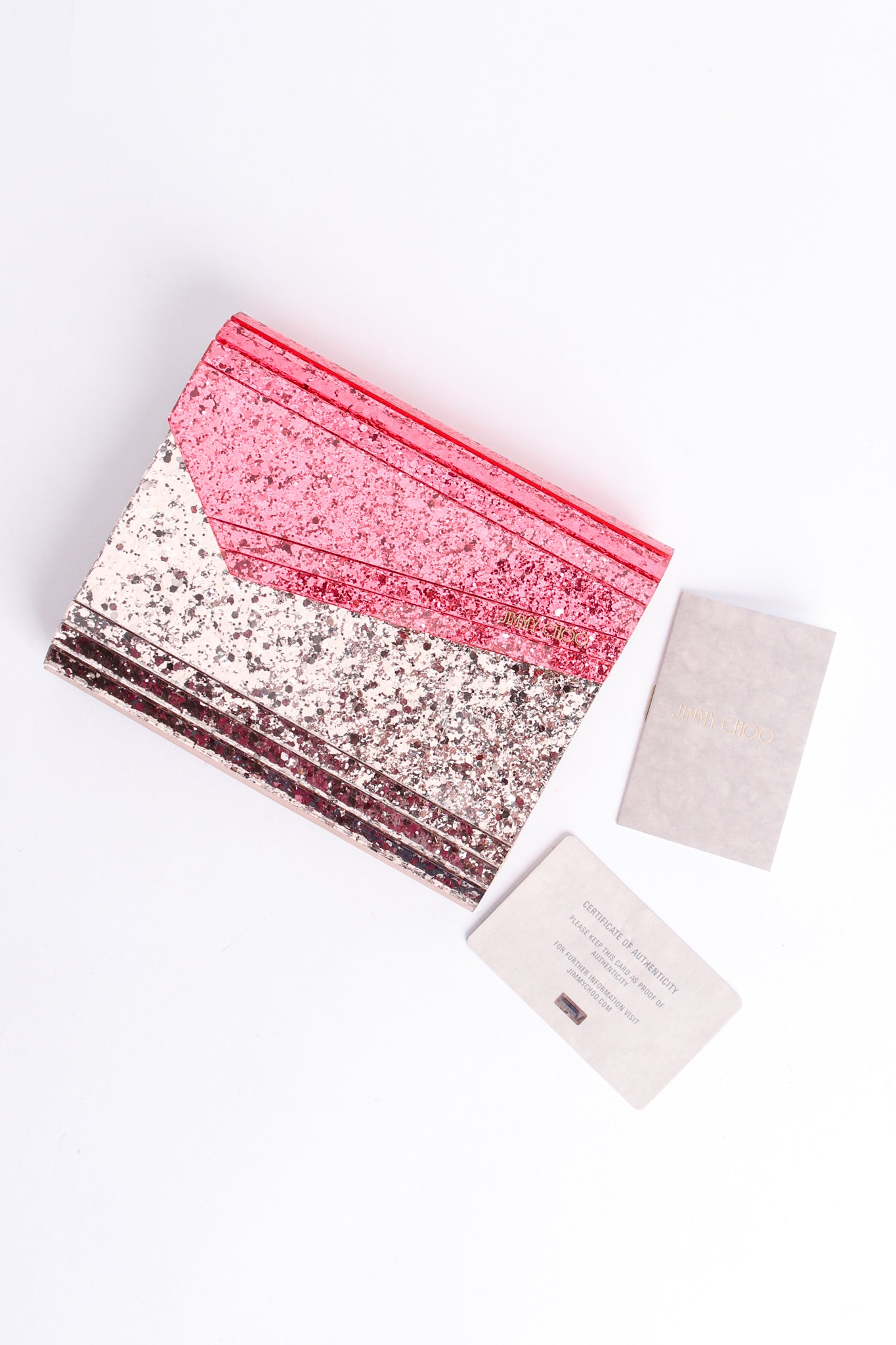 Jimmy Choo Two-Tone Acrylic Glitter Clutch Bag control cards at Recess Los Angeles