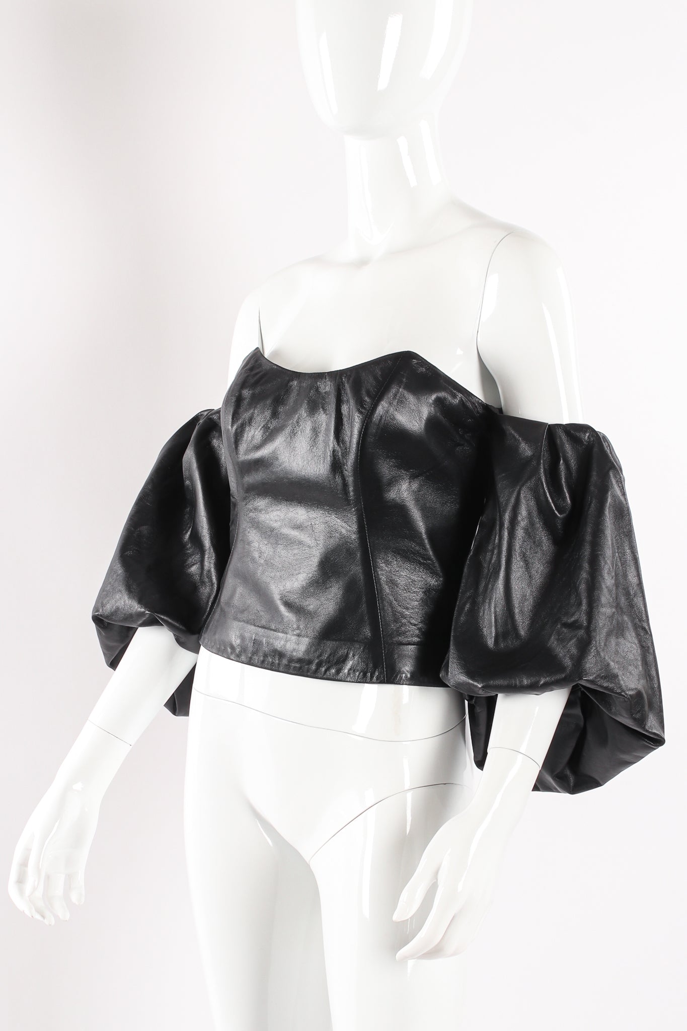 Jitrois Soft Black Leather Balloon Sleeve Bustier crop on Mannequin at Recess Los Angeles