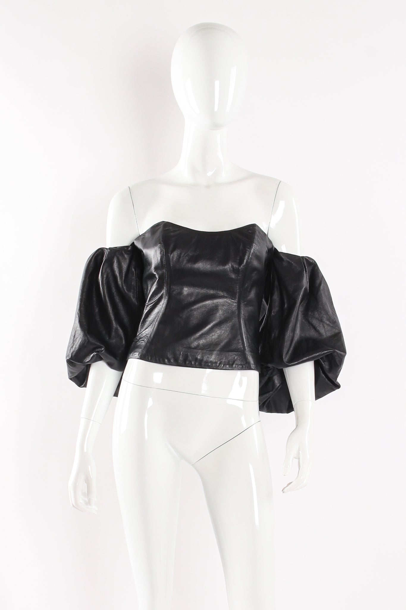 Jean Claude Jitrois Soft Black Leather Balloon Sleeve Bustier on Mannequin at Recess Los Angeles