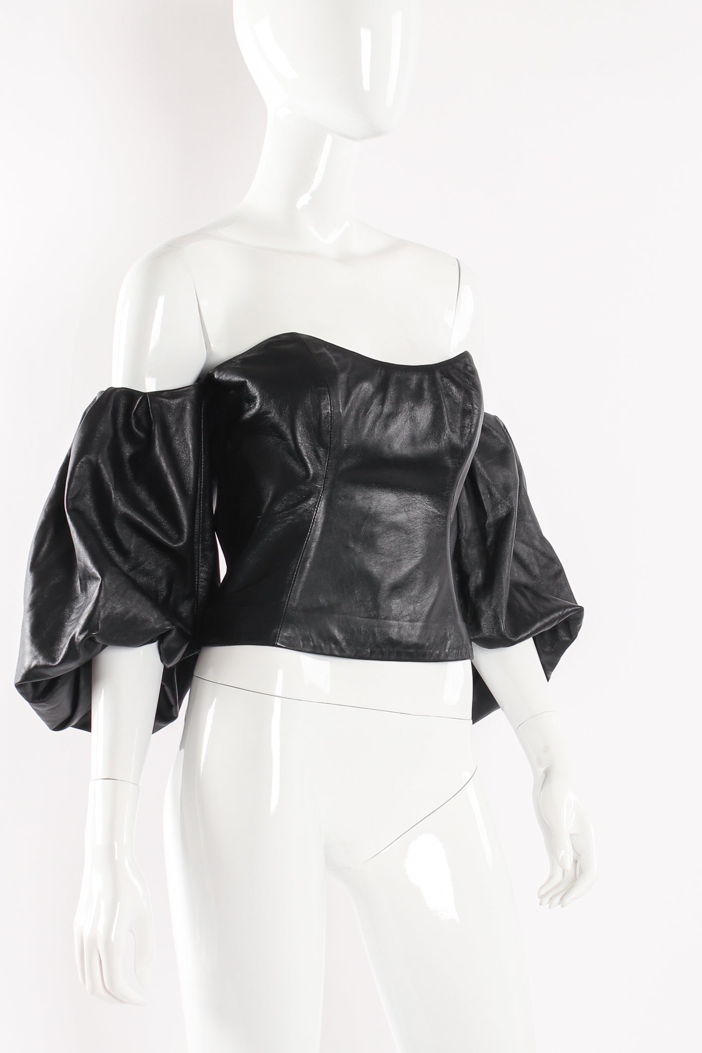 Jitrois Soft Black Leather Balloon Sleeve Bustier side angle on Mannequin at Recess Los Angeles