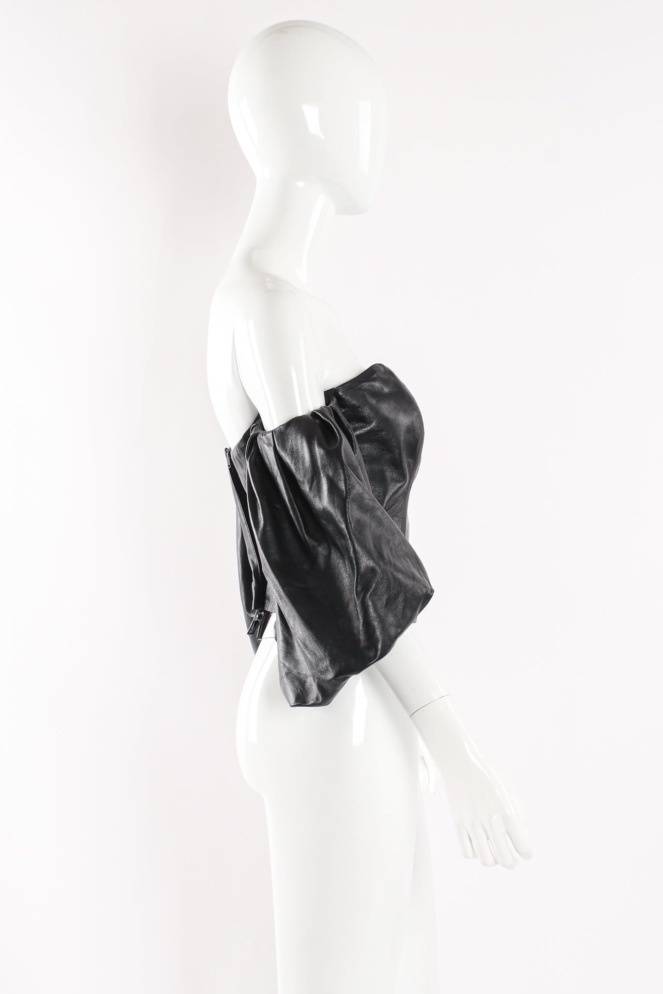 Jitrois Soft Black Leather Balloon Sleeve Bustier side angle on Mannequin at Recess Los Angeles