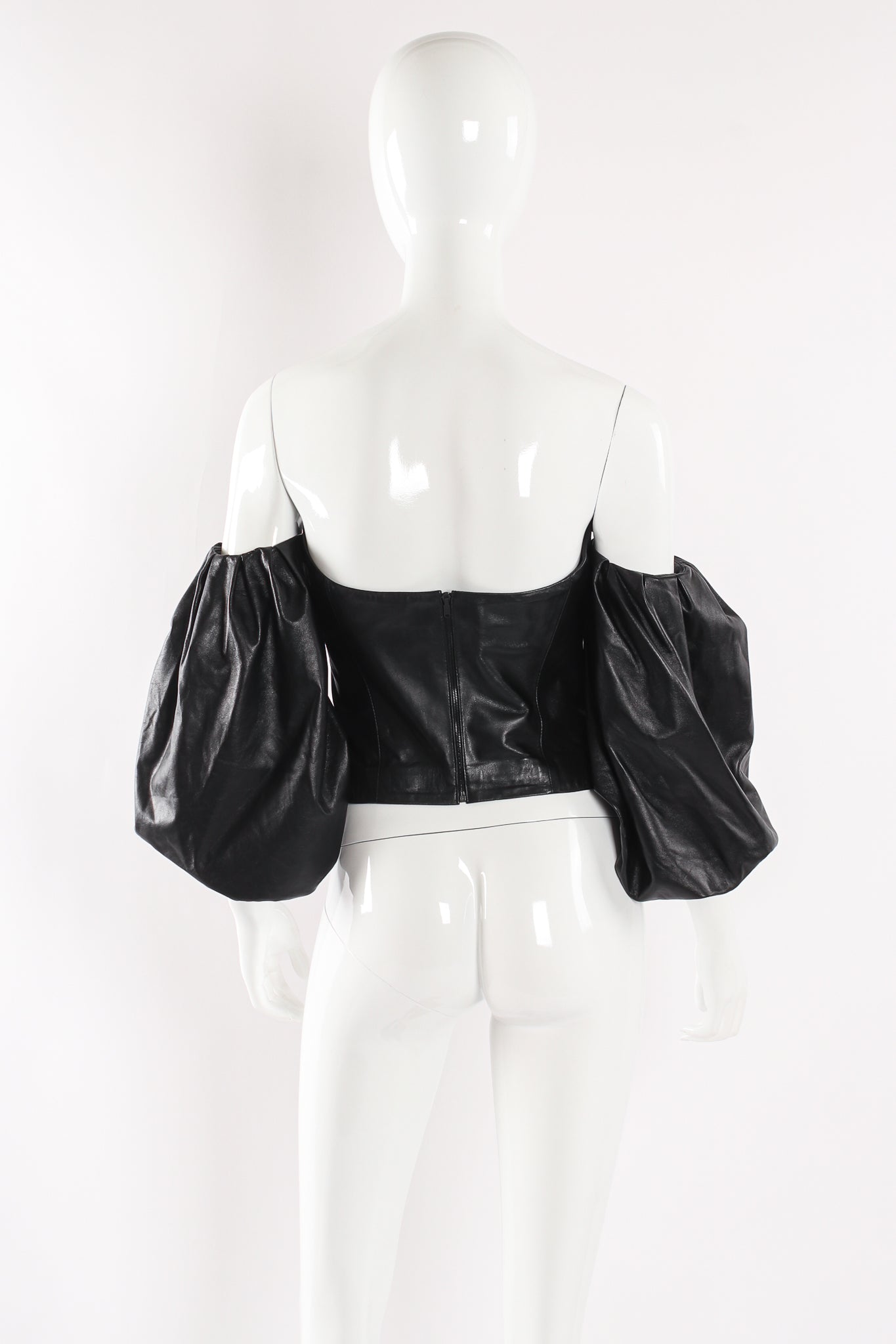 Jitrois Soft Black Leather Balloon Sleeve Bustier back angle on Mannequin at Recess Los Angeles