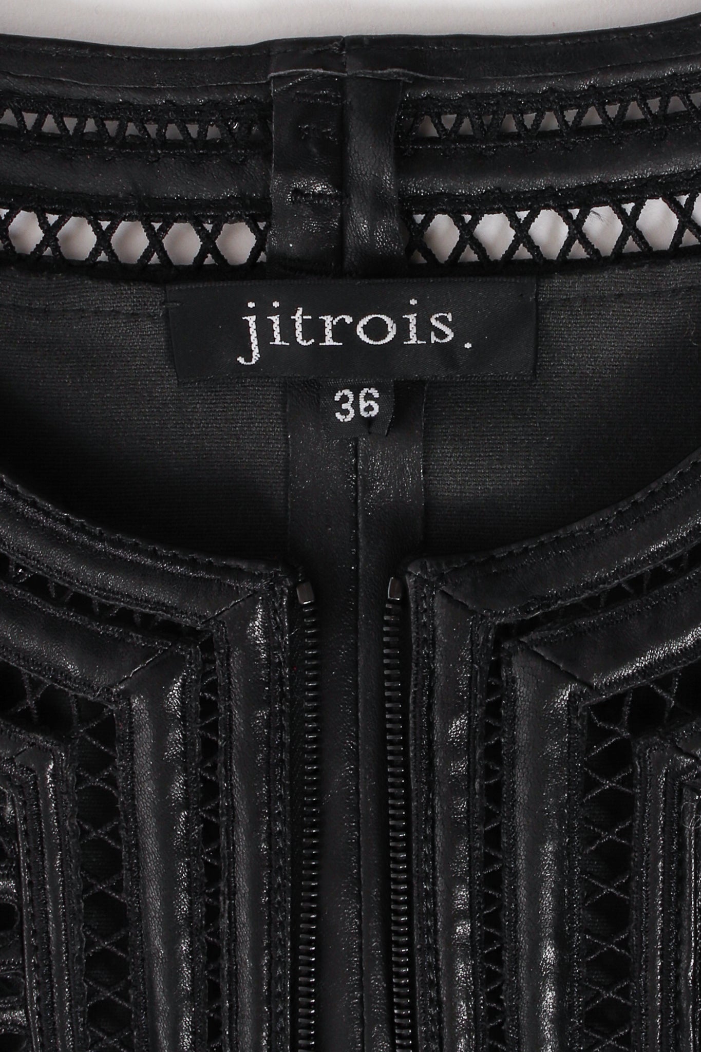 Jean Claude Jitrois Leather Guipure Lace Coat Dress label crop at Recess Los Angeles.