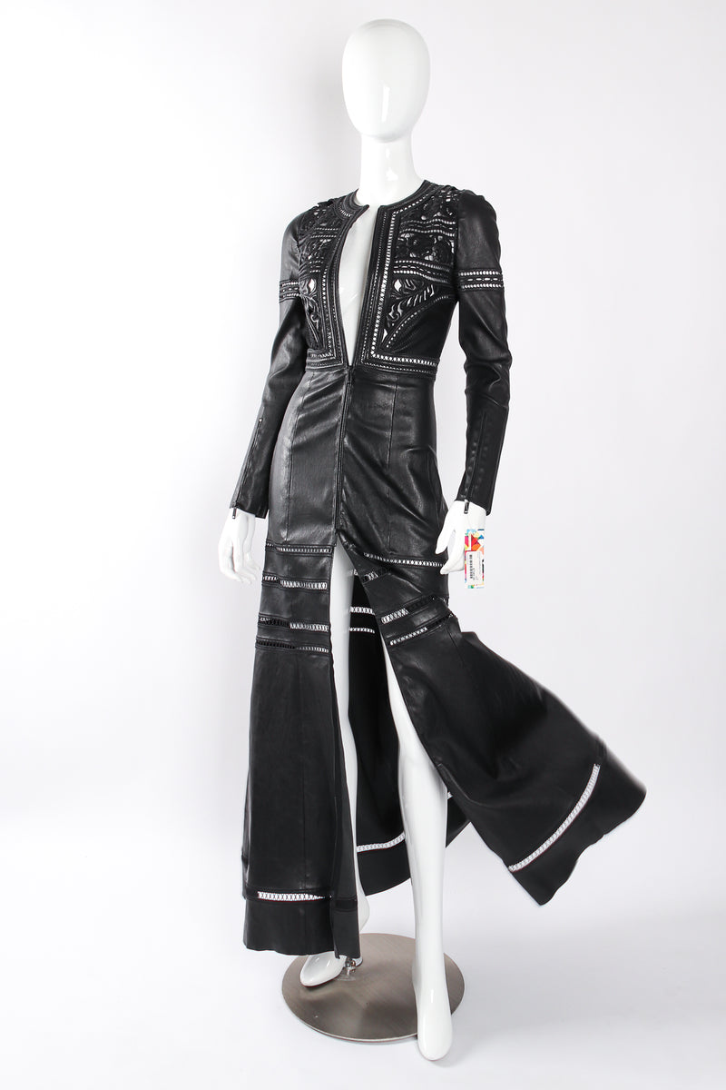 Jean Claude Jitrois Leather Guipure Lace Coat Dress flow on mannequin at Recess Los Angeles.