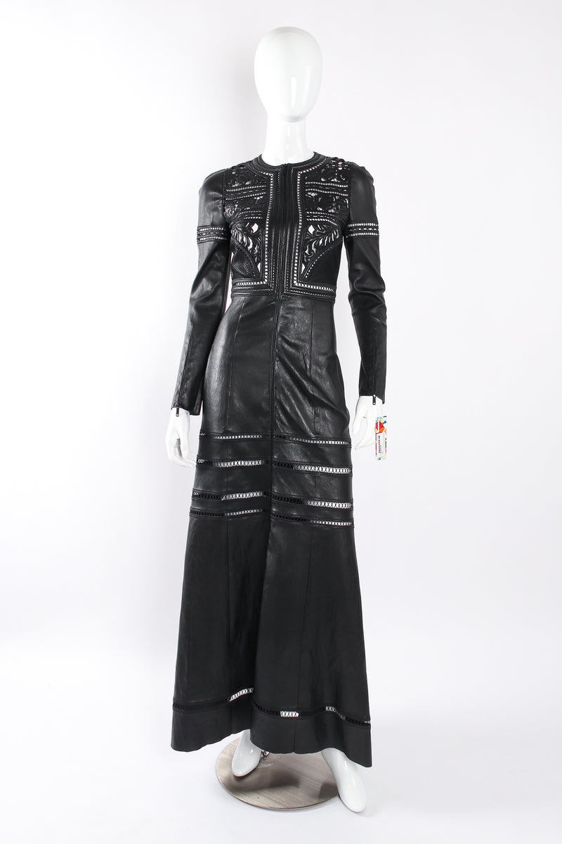 Jean Claude Jitrois Leather Guipure Lace Coat Dress on mannequin at Recess Los Angeles.