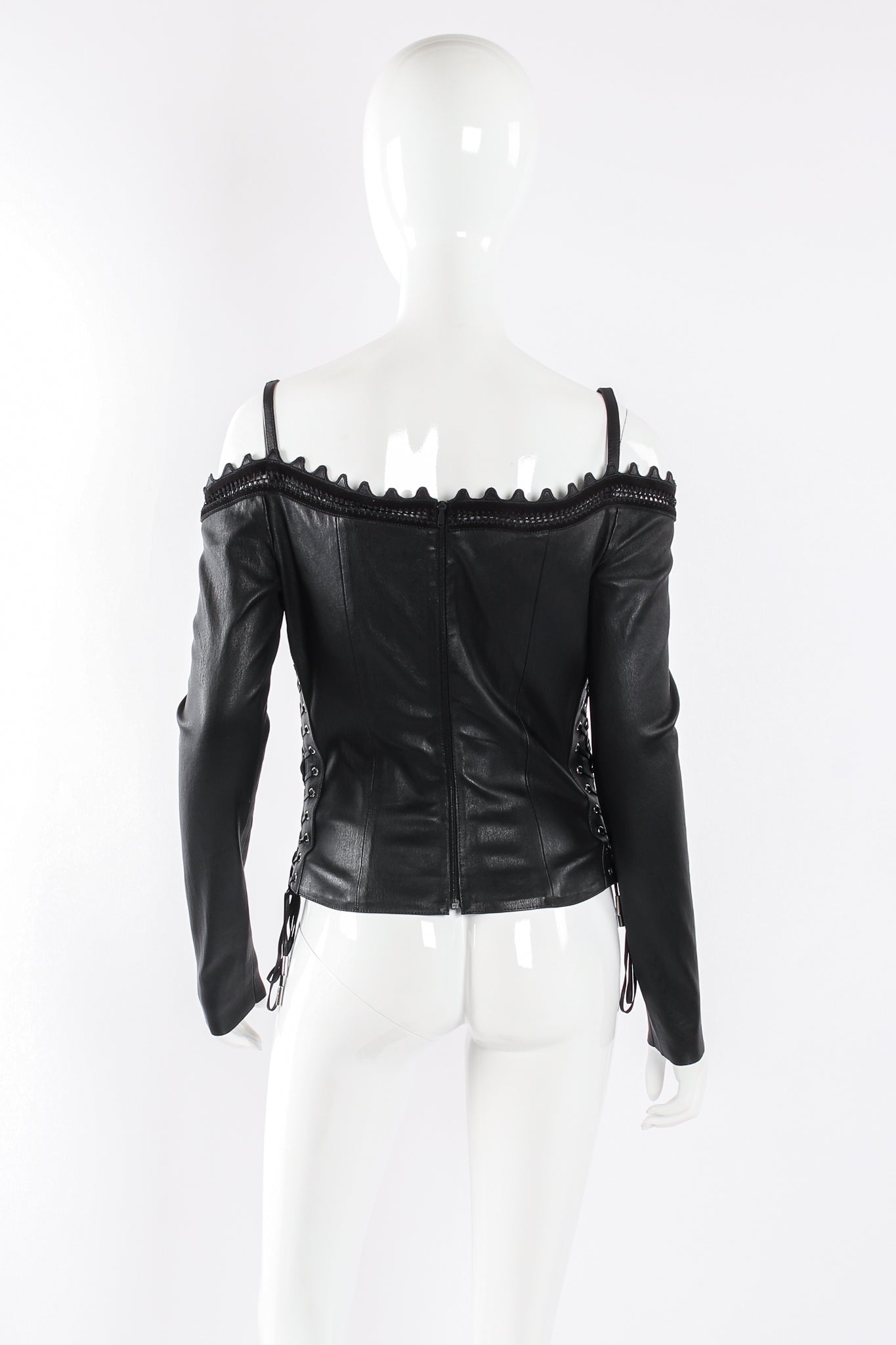 Jean Claude Jitrois Leather Cold Shoulder Corset Top back angle on mannequin at Recess Los Angeles