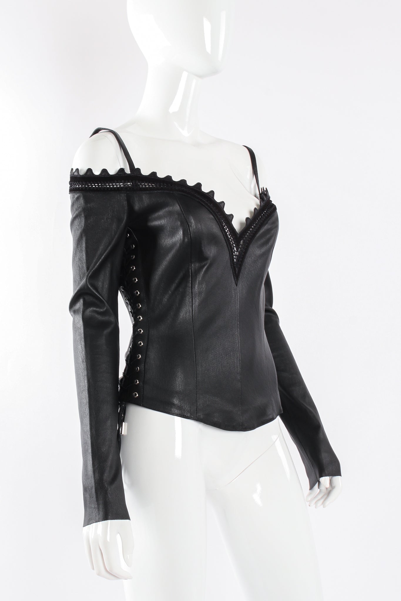 Jean Claude Jitrois Leather Cold Shoulder Corset Top side angle on mannequin at Recess Los Angeles
