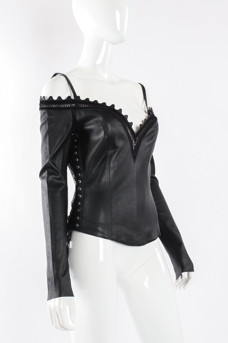 Jean Claude Jitrois Leather Cold Shoulder Corset Top side angle on mannequin at Recess Los Angeles