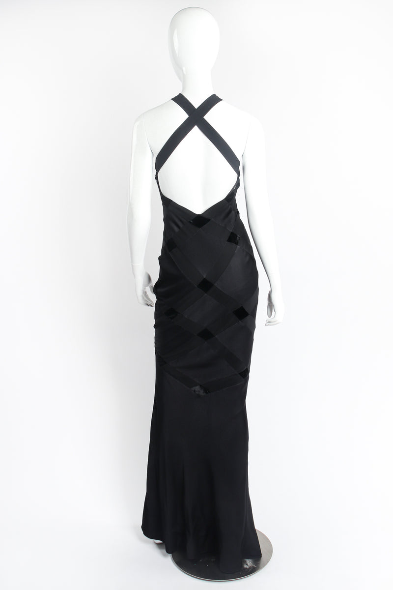 Vintage John Galliano Diamond Patchwork Halter Sheath Gown on Mannequin back at Recess Los Angeles