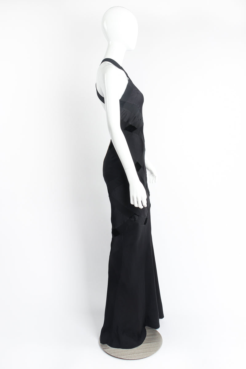 Vintage John Galliano Diamond Patchwork Halter Sheath Gown on Mannequin side at Recess Los Angeles