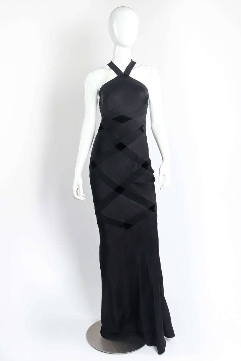 Vintage John Galliano Diamond Patchwork Halter Sheath Gown on Mannequin front at Recess Los Angeles
