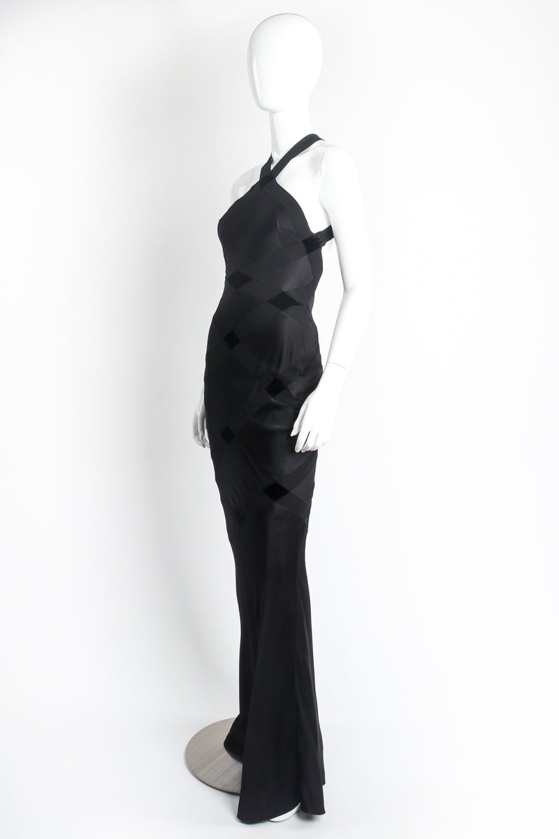 Vintage John Galliano Diamond Patchwork Halter Sheath Gown on Mannequin angle at Recess Los Angeles
