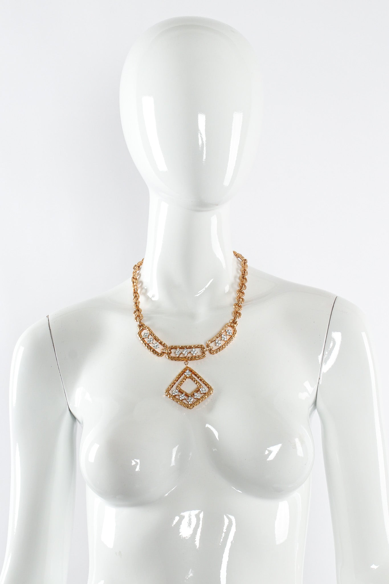 Vintage Jomaz Hammered Rhinestone Pendant Necklace on mannequin @ Recess Los Angeles