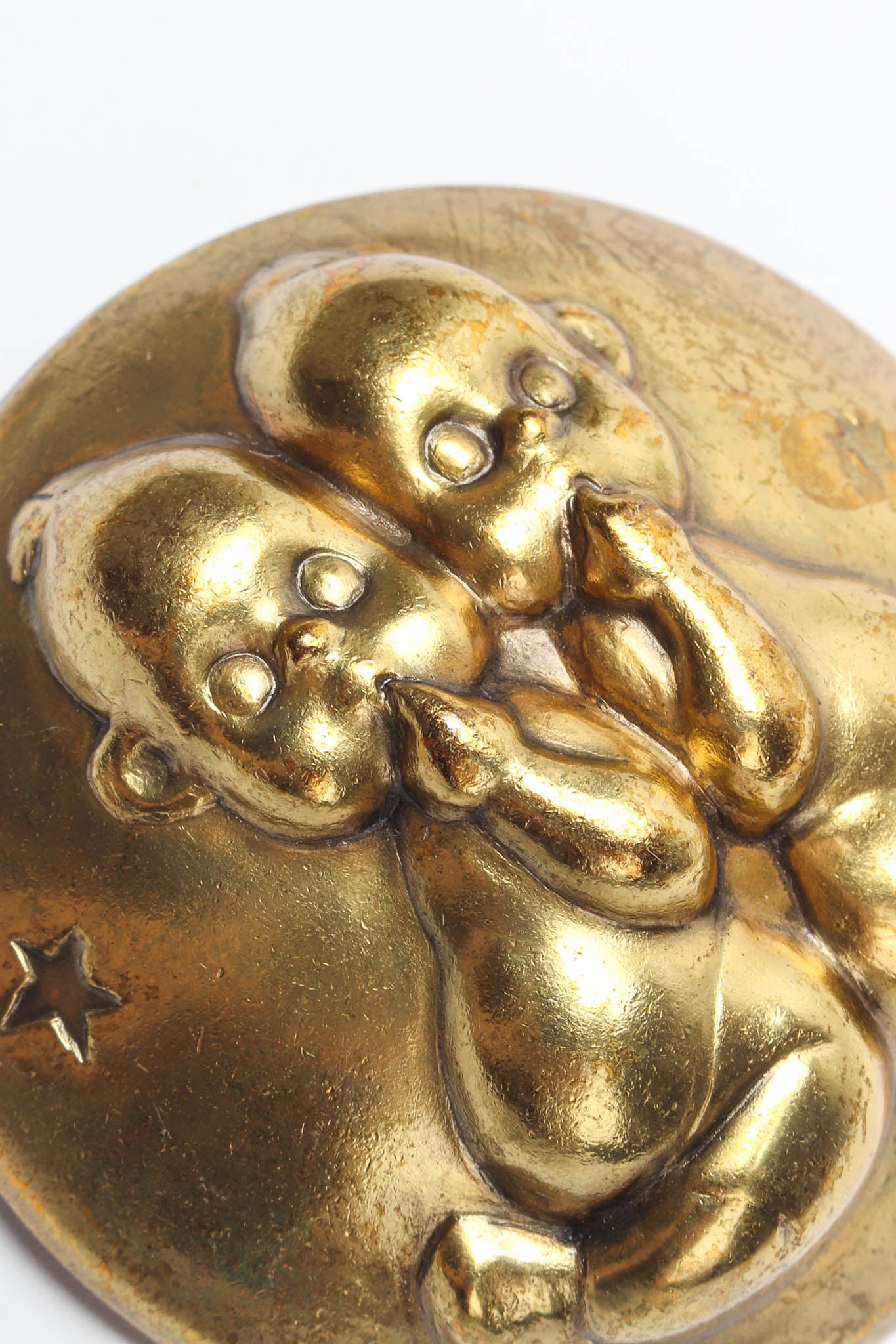 Vintage Joseff of Hollywood Gemini Twins Brass Dome Pin face close @ Recess LA