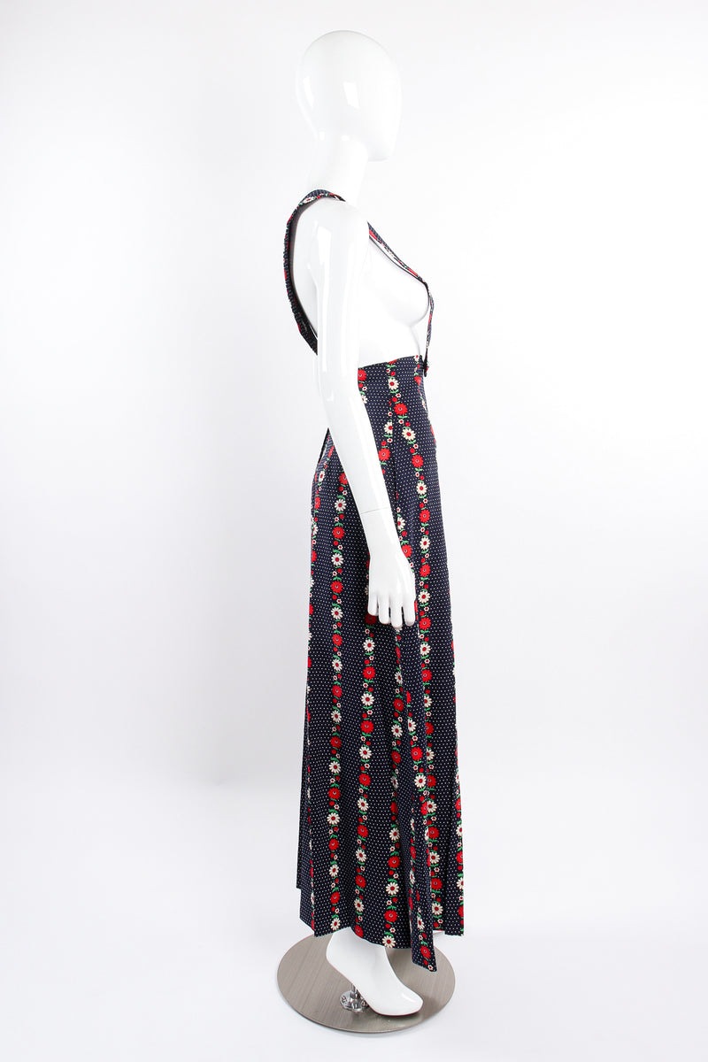Vintage Joseph Magnin Wide Leg Floral Dot Suspender Pant on Mannequin side at Recess Los Angeles
