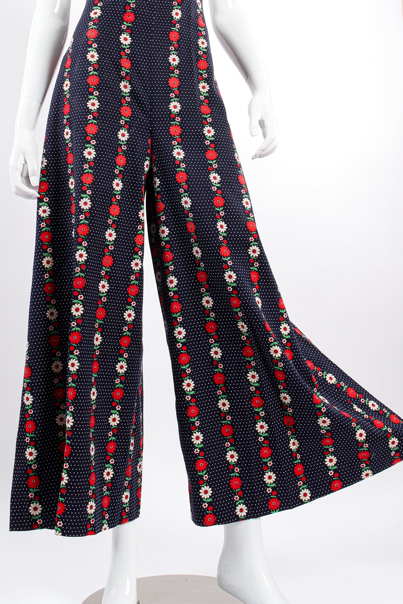 Vintage Joseph Magnin Wide Leg Floral Dot Suspender Pant on Mannequin leg at Recess Los Angeles