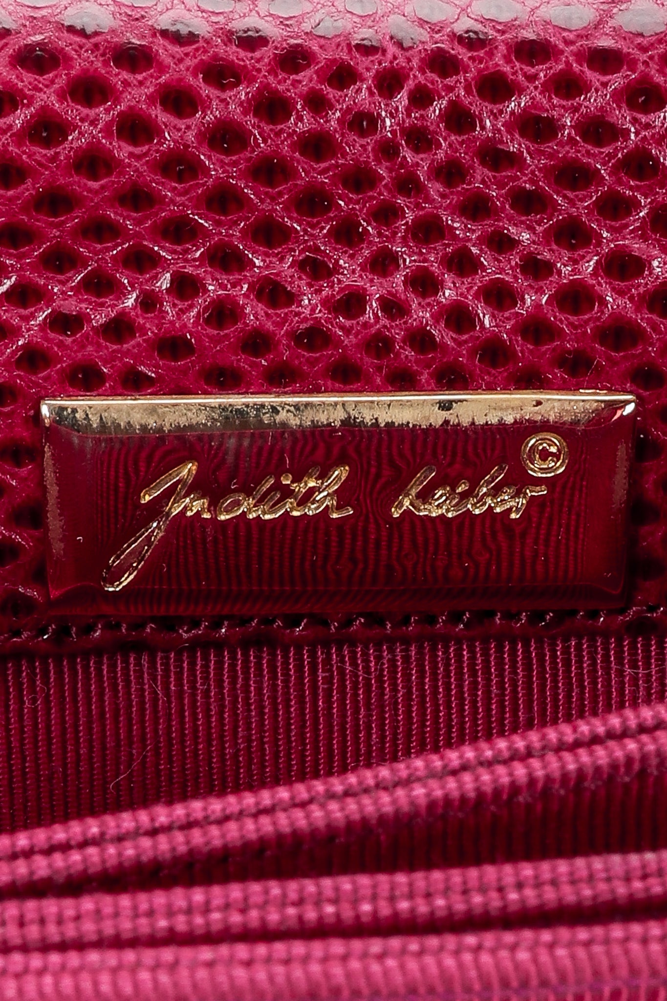 Vintage Judith Leiber Magenta Lizard Double Tassel Bag signature plate at Recess Los Angeles