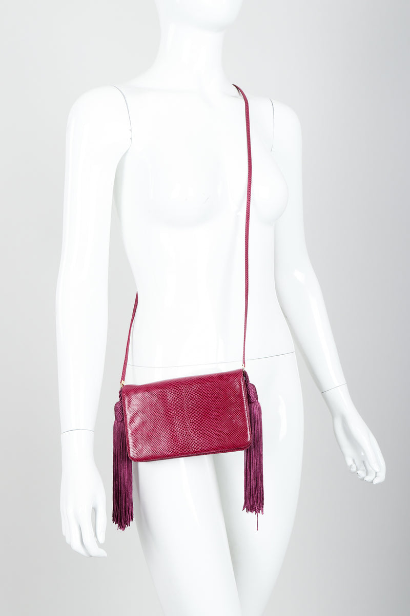 Vintage Judith Leiber Magenta Lizard Double Tassel Bag on Mannequin at Recess Los Angeles