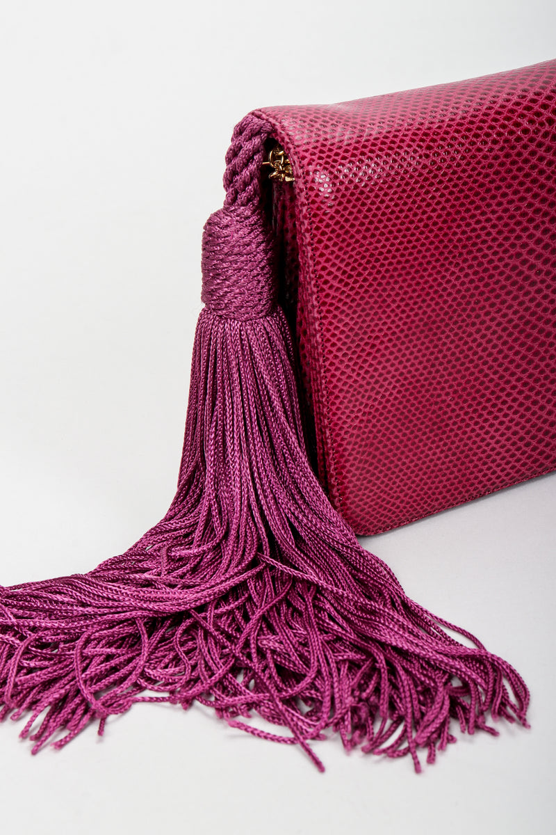 Vintage Judith Leiber Magenta Lizard Double Tassel Bag detail at Recess Los Angeles