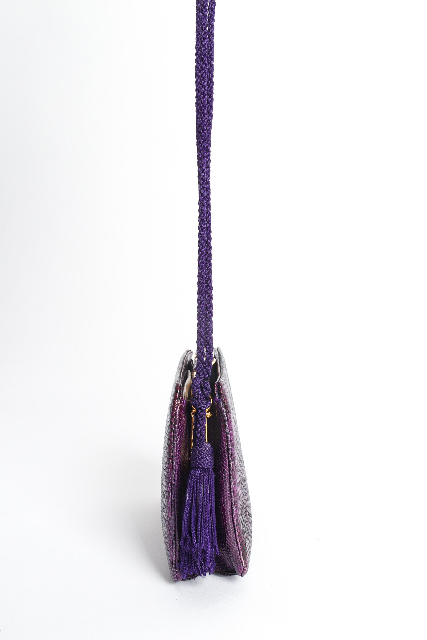 Vintage Judith Leiber Reptile Leather Mini Clutch Bag side with tassels @ Recess Los Angeles