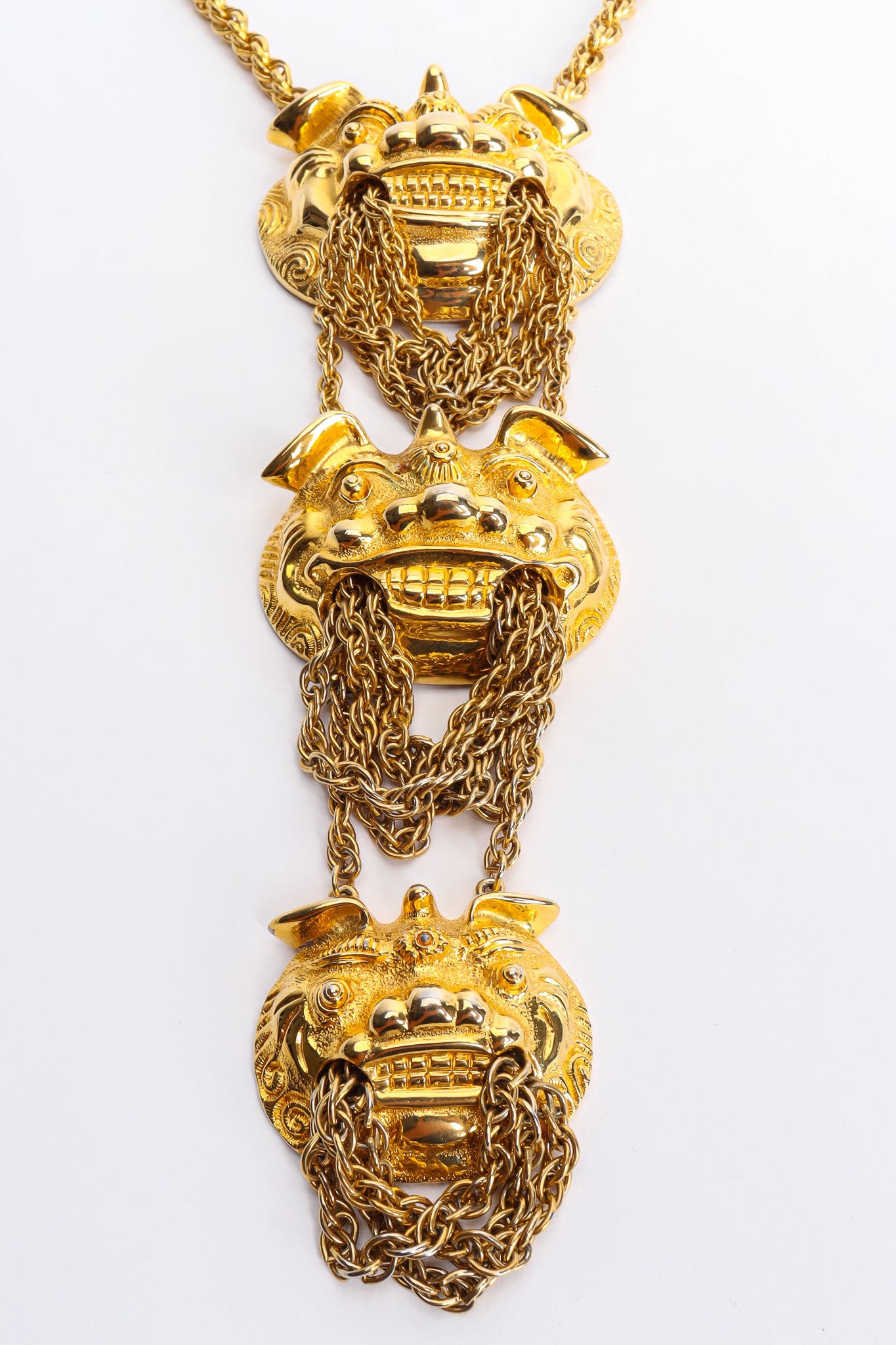 Vintage Judith Leiber Foo Dog Triple Pendant Necklace Closeup at Recess LA