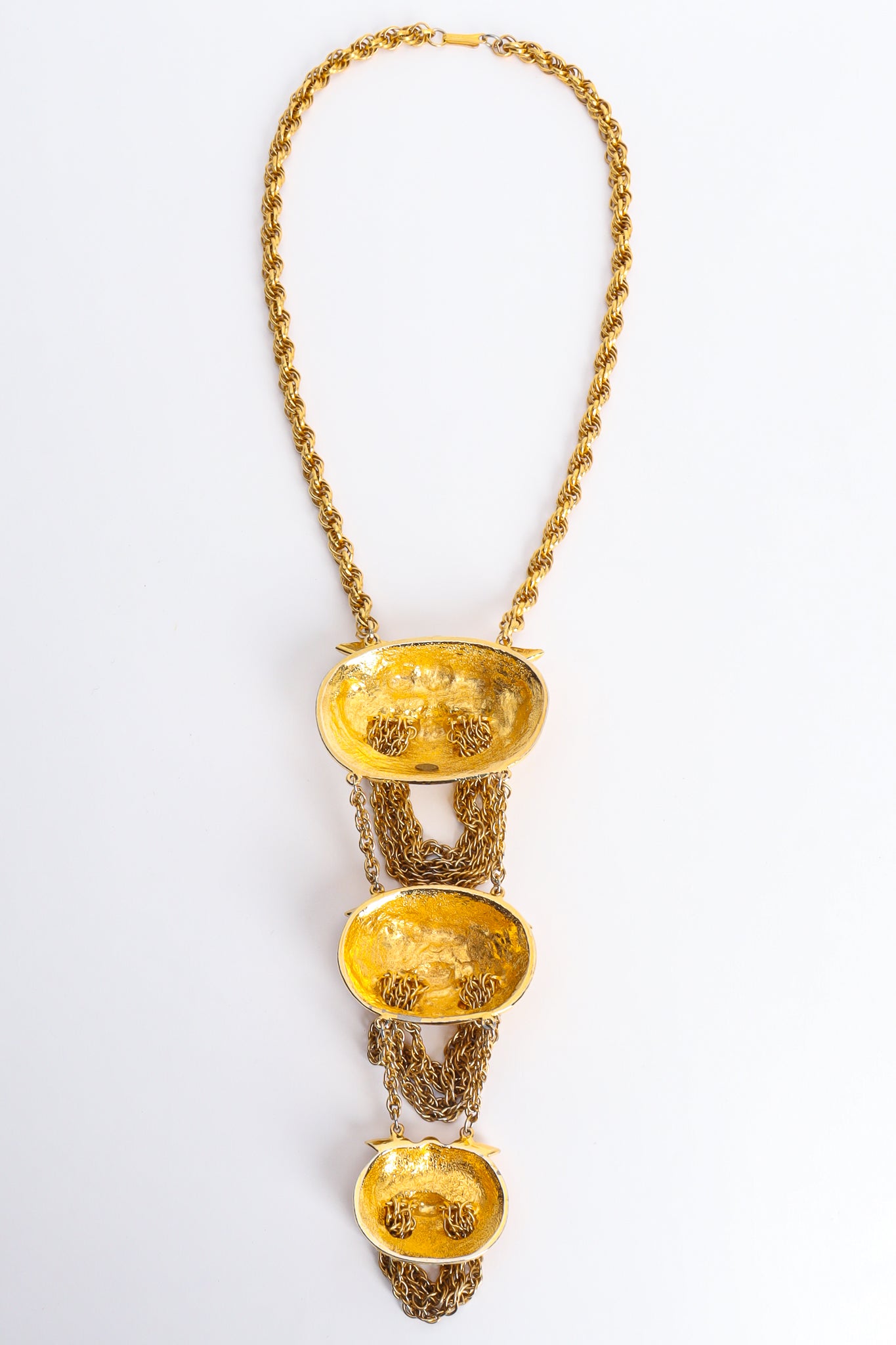 Vintage Judith Leiber Foo Dog Triple Pendant Necklace Back Flat at Recess LA