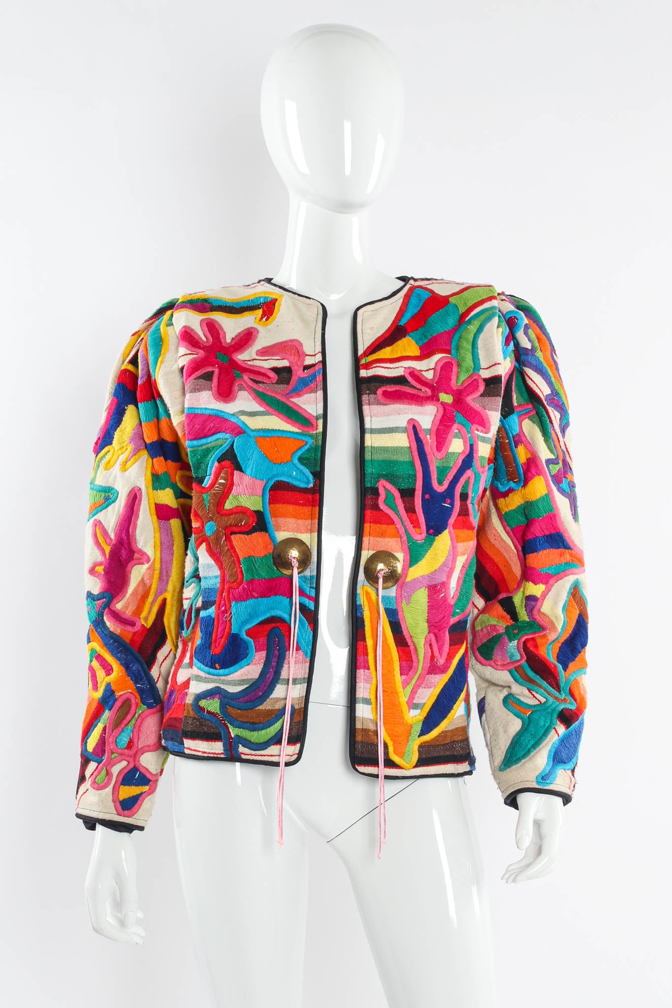 Vintage Judith Roberts Rainbow Abstract Animal & Floral Jacket mannequin front un-tied @ Recess LA