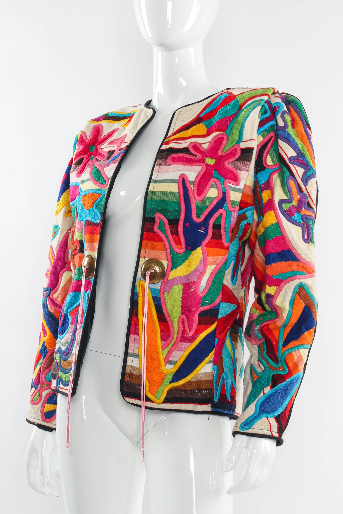 Vintage Judith Roberts Rainbow Abstract Animal & Floral Jacket mannequin side angle  @ Recess LA