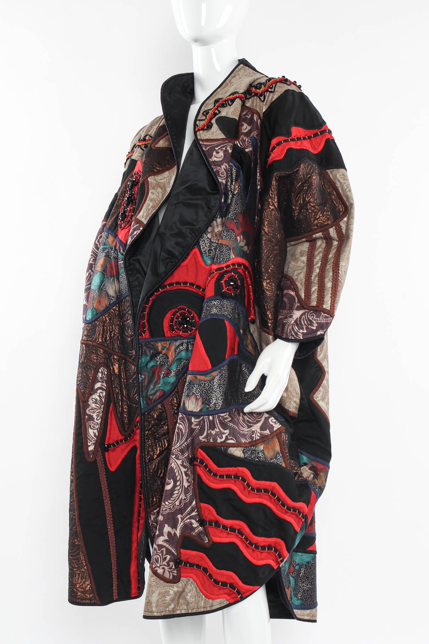 Vintage Judith Roberts Art to Wear Embroidered Patchwork Coat mannequin side angle @ Recess LA