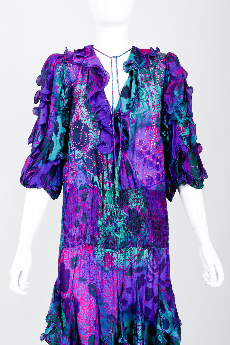 Vintage Judith Ann Creations Silk Ruffle Dress on Mannequin front crop at Recess