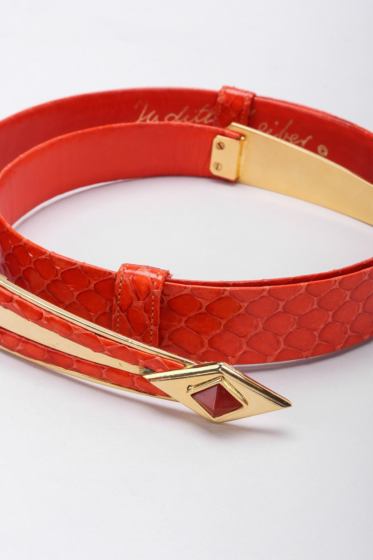 Vintage Judith Leiber Orange Snakeskin Belt Gold Diamond Shaped