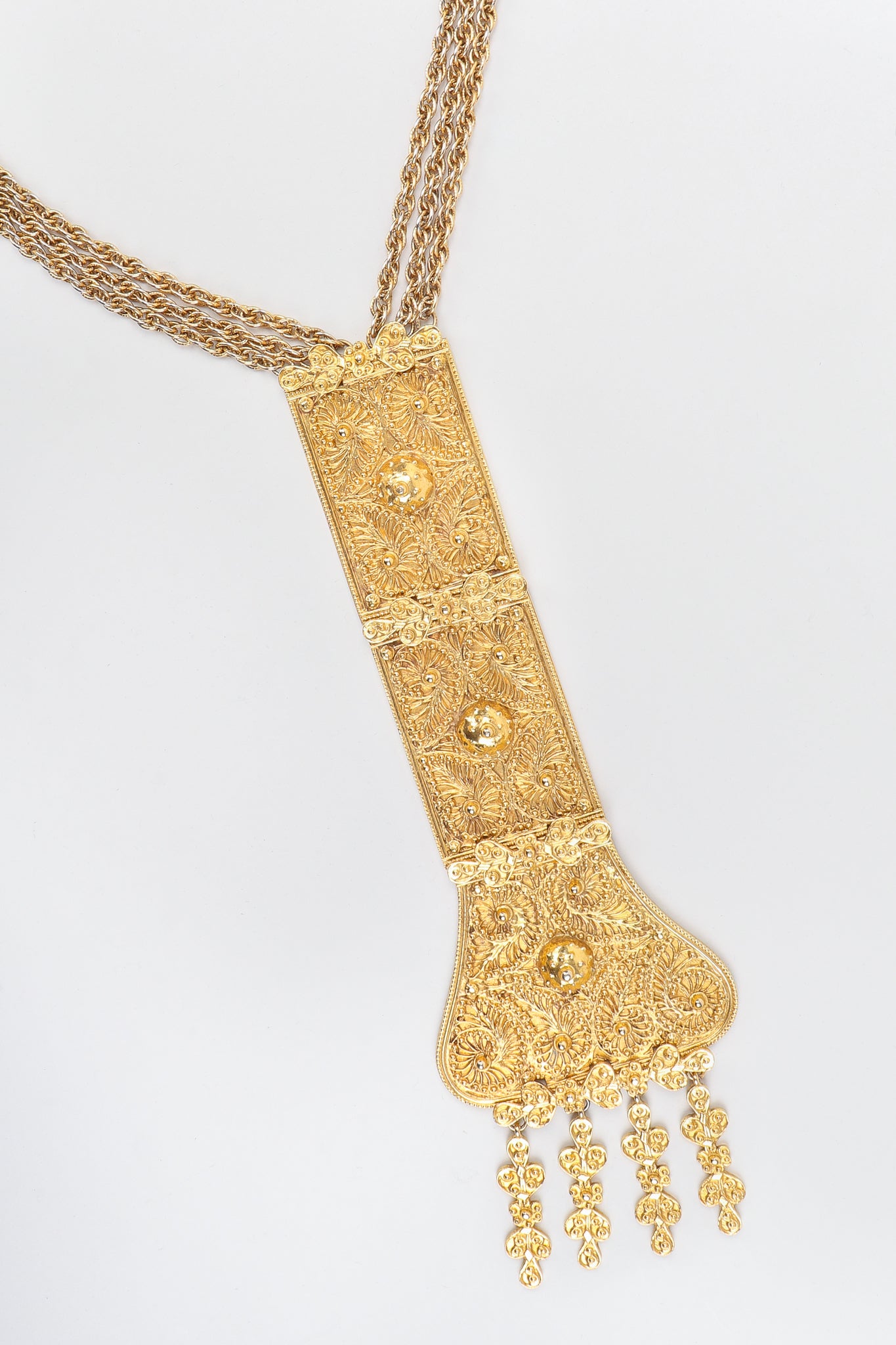 Vintage Judith Leiber Golden Long Filigree Plate Y Necklace at Recess Los Angeles