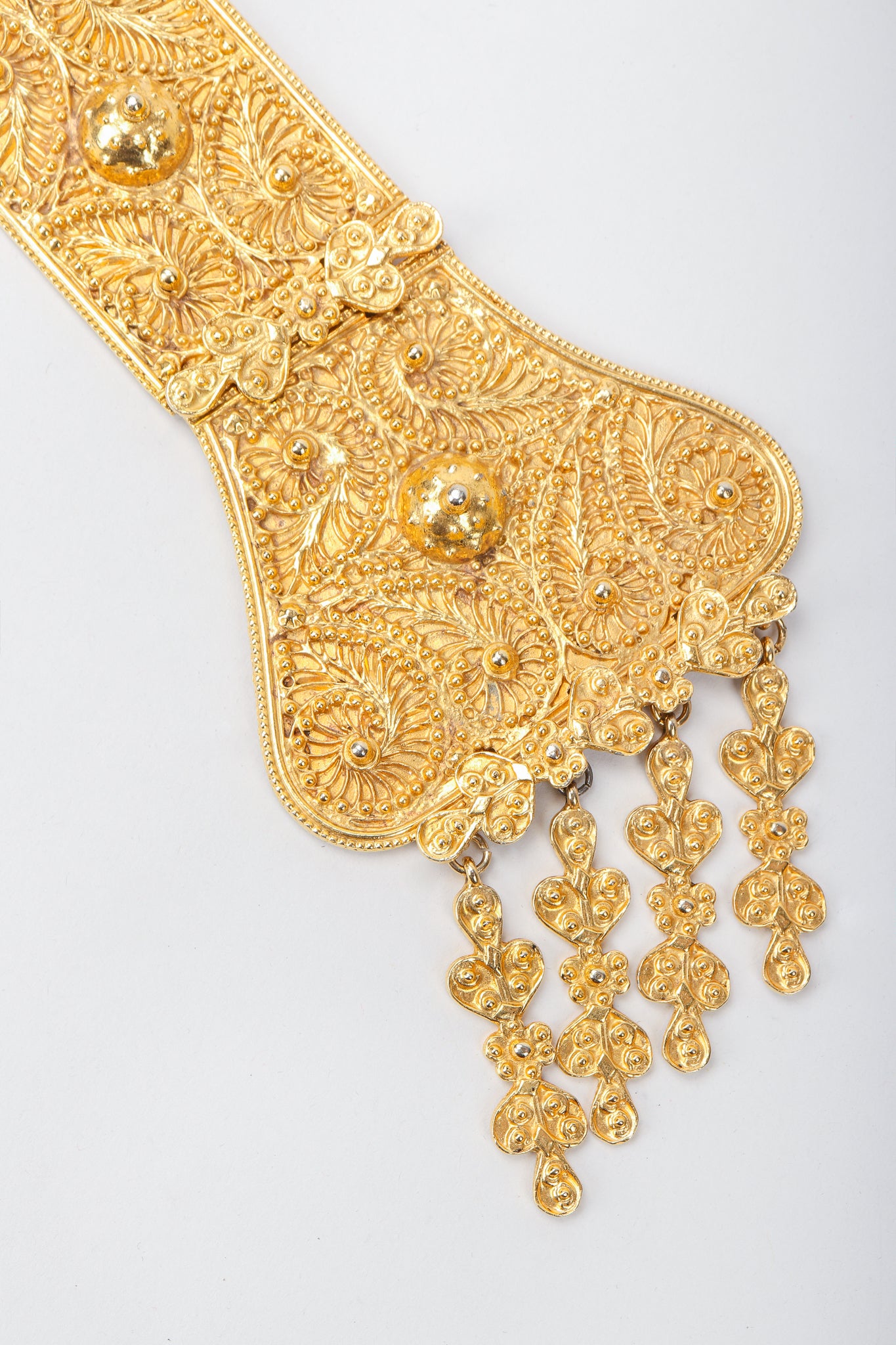 Vintage Judith Leiber Golden Long Filigree Plate Y Necklace Close Up at Recess Los Angeles