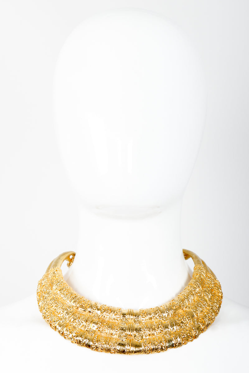 Vintage Judith Leiber Gold Etruscan Collar Plate Necklace on Mannequin front at Recess