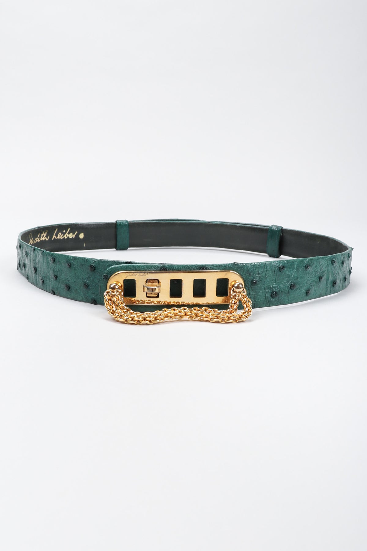 Judith Leiber Green Leather Gold Buckle Belt L Vintage Judith Leiber Chain Turnlock Ostrich Slide Belt – Recess main image 3