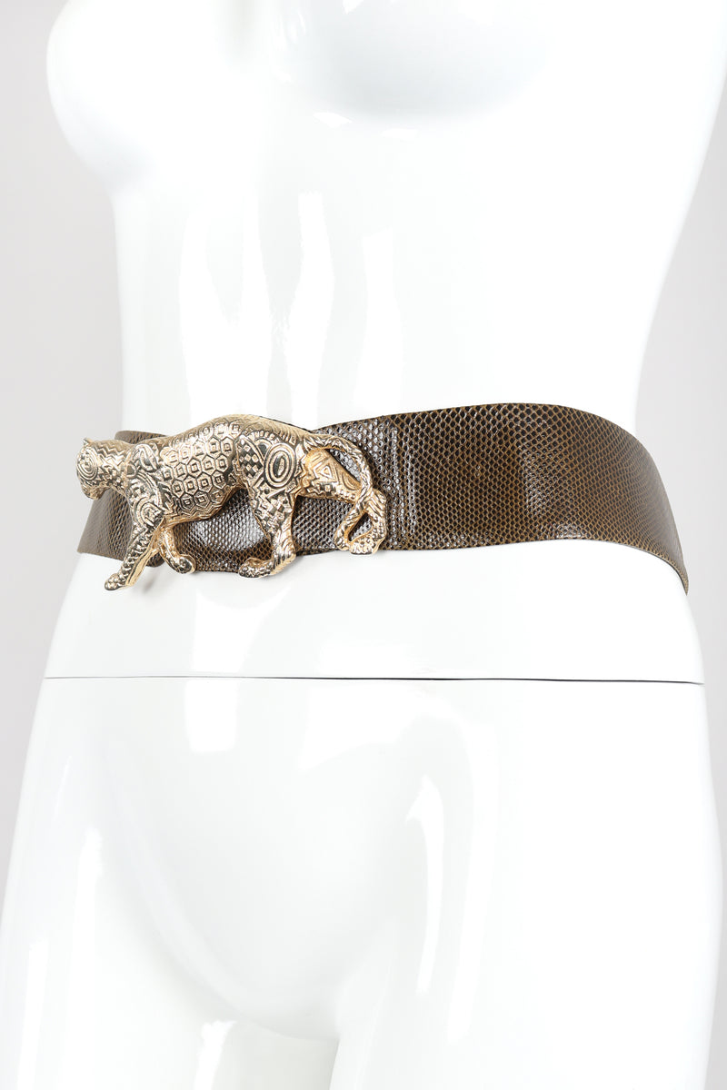 Recess Designer Consignment Vintage Judith Leiber Amen Wardy Gold Panther Buckle Lizard Leather Belt Los Angeles Resale