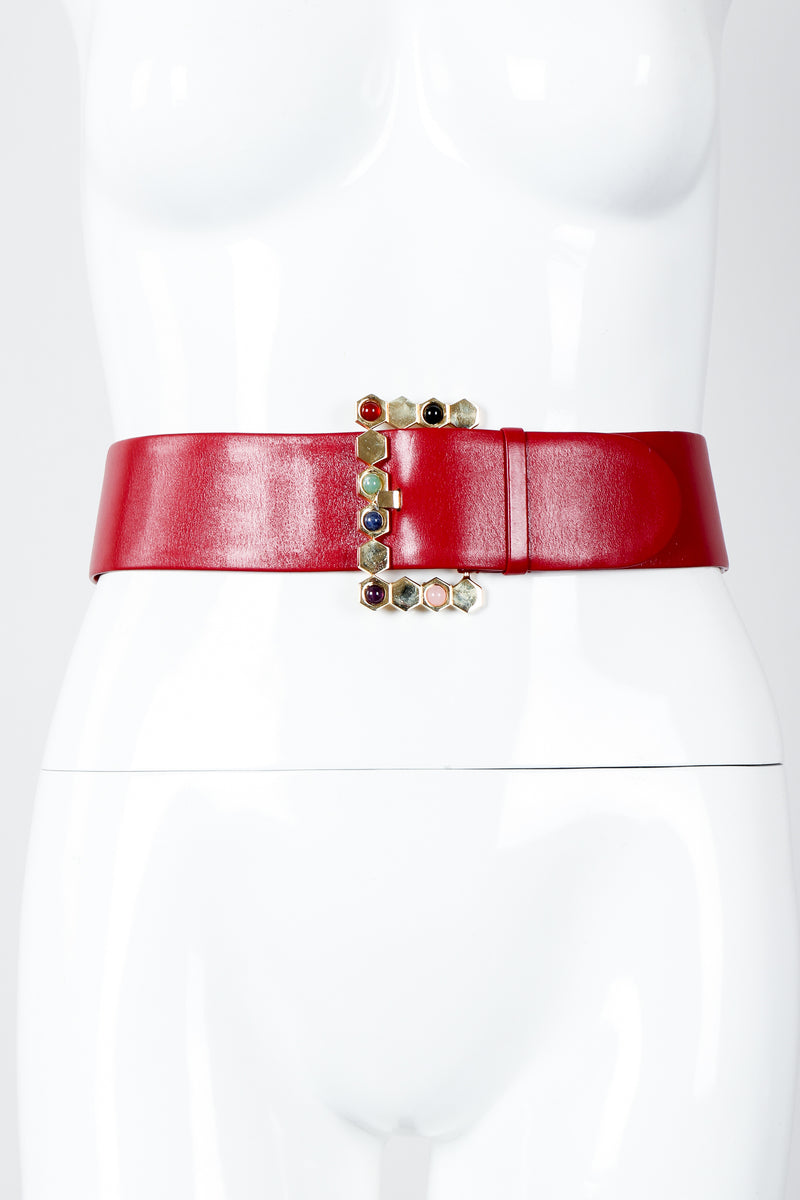 Vintage Judith Leiber Leather Jeweled Cabochon Hexagon Buckle Belt on Mannequin at Recess
