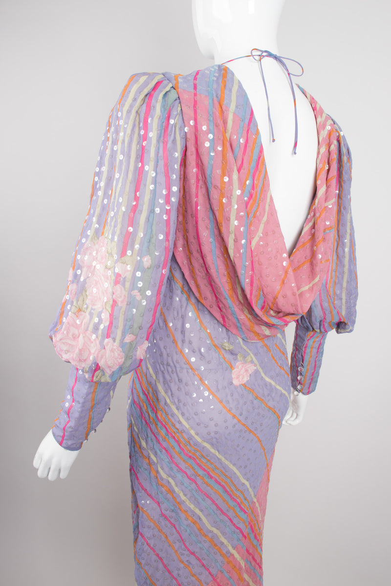 Recess Los Angeles Vintage Judy Hornby Pastel Sequin Chiffon Draped Cowl Back Bishop Sleeve Dress