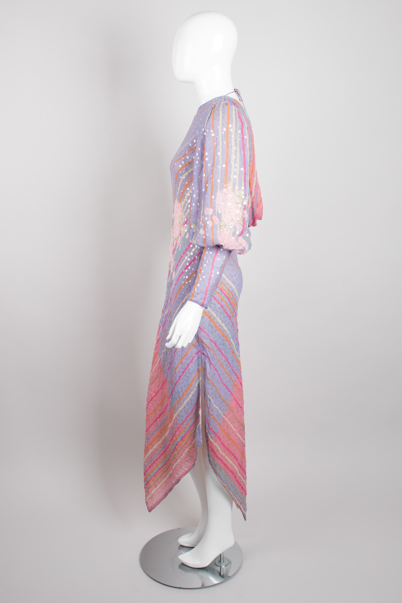 Recess Los Angeles Vintage Judy Hornby Pastel Sequin Chiffon Draped Cowl Back Bishop Sleeve Dress