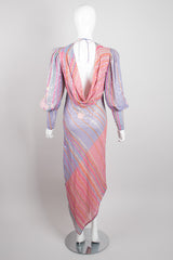 Recess Los Angeles Vintage Judy Hornby Pastel Sequin Chiffon Draped Cowl Back Bishop Sleeve Dress