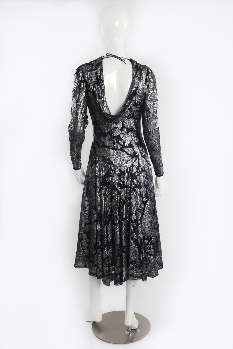 Vintage Judy Hornby Metallic Peacock Silk Chiffon Dress on Mannequin Back at Recess LA